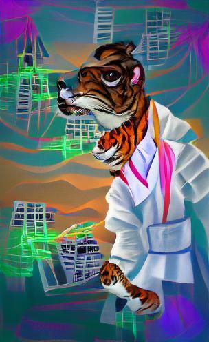 A tiger in a lab coat with a 1980s Miami vibe, turning a wel...