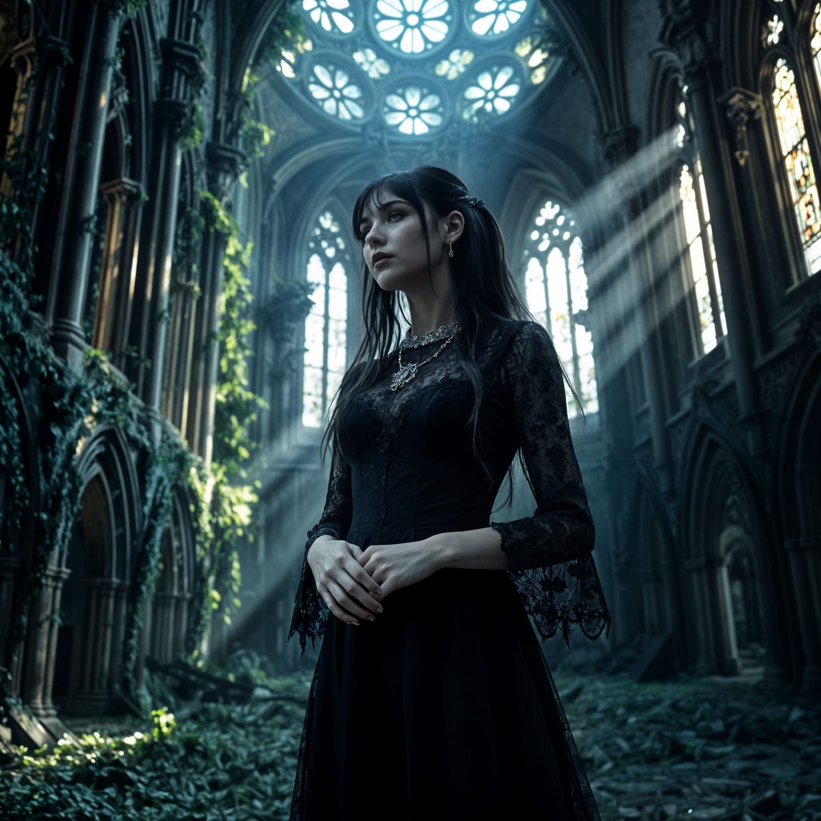 A stunning portrait of a goth woman, adorned in a black lace dress and silver jewelry, standing in an ...  by @gothgirls