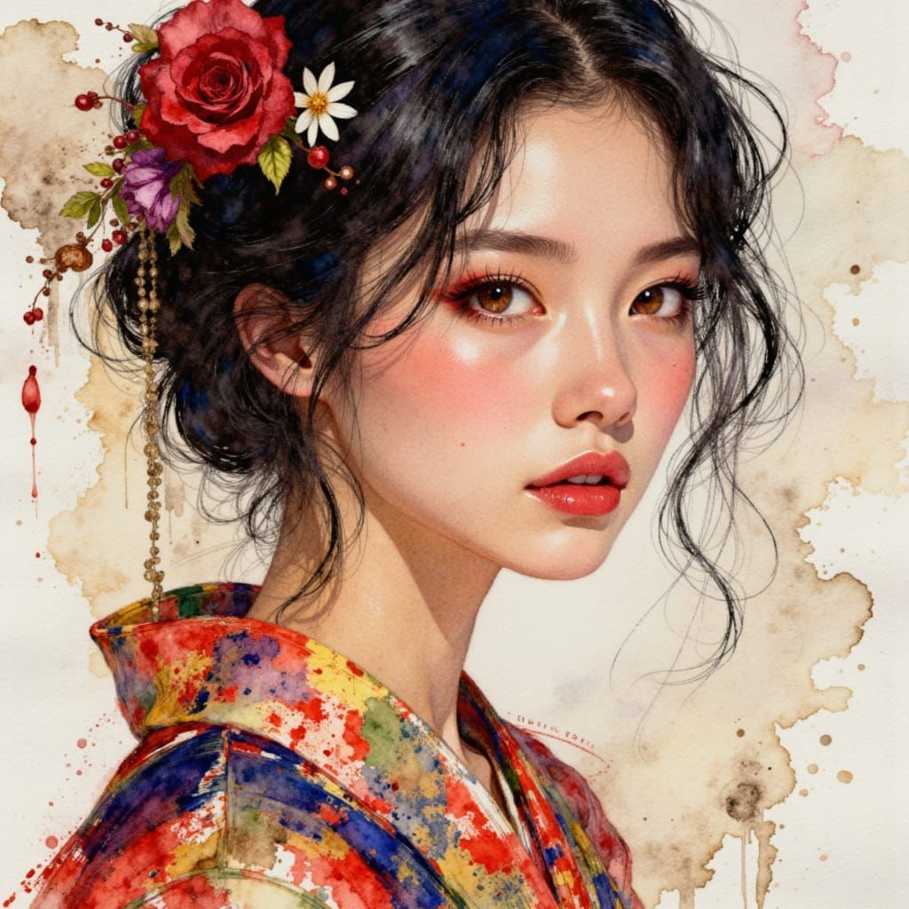 <lora:SeedreamArtcafe:1.0> A beautiful Japanese woman in big strokes, ultra-detailed oil painting--a blend of digital brushstrokes, grainy t...