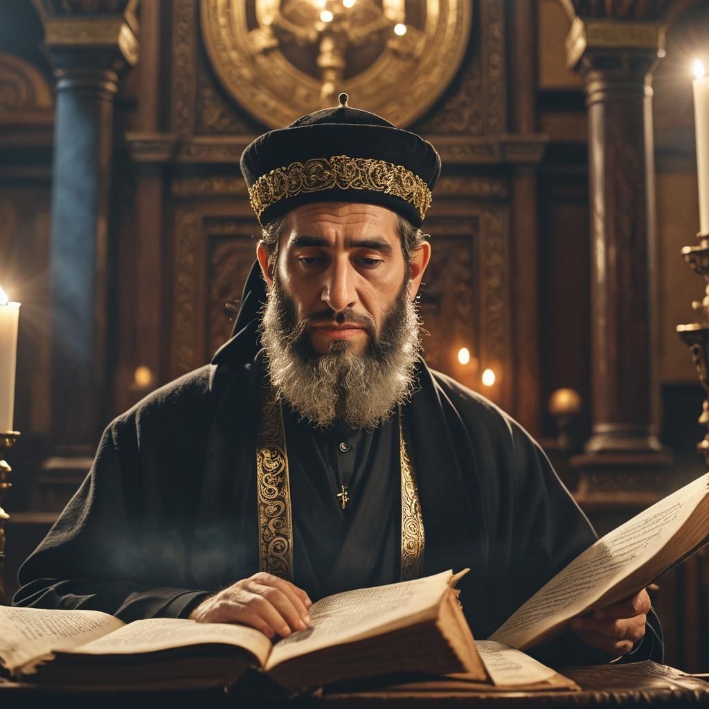 Devout Man Reading Torah Scroll in Synagogue