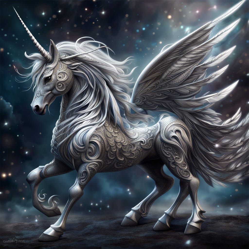 Beautiful, powerful silver unicorn with intricate swirled pointy ...