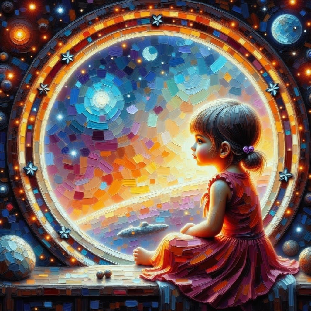 <lora:Oil:1.0> Impasto. Beautiful little girl inside a spaceship looking out a round window at the universe, shooting stars, nebulae vivid c...