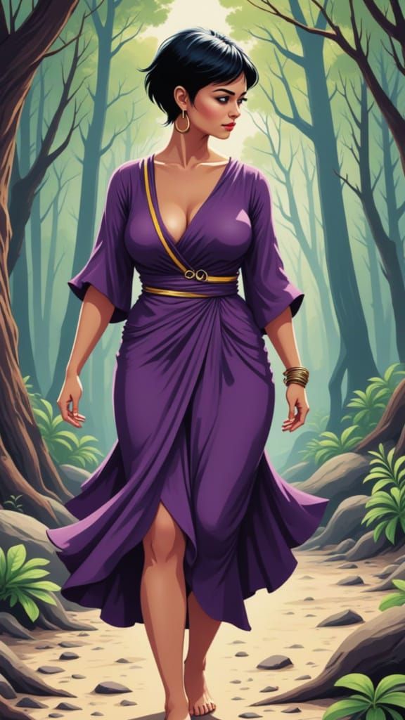 The Mystic Wanderer
A mysterious, curvy woman with jet-black pixie-cut hair. She wears a deep purple wrap dress with gold accents and walks ...