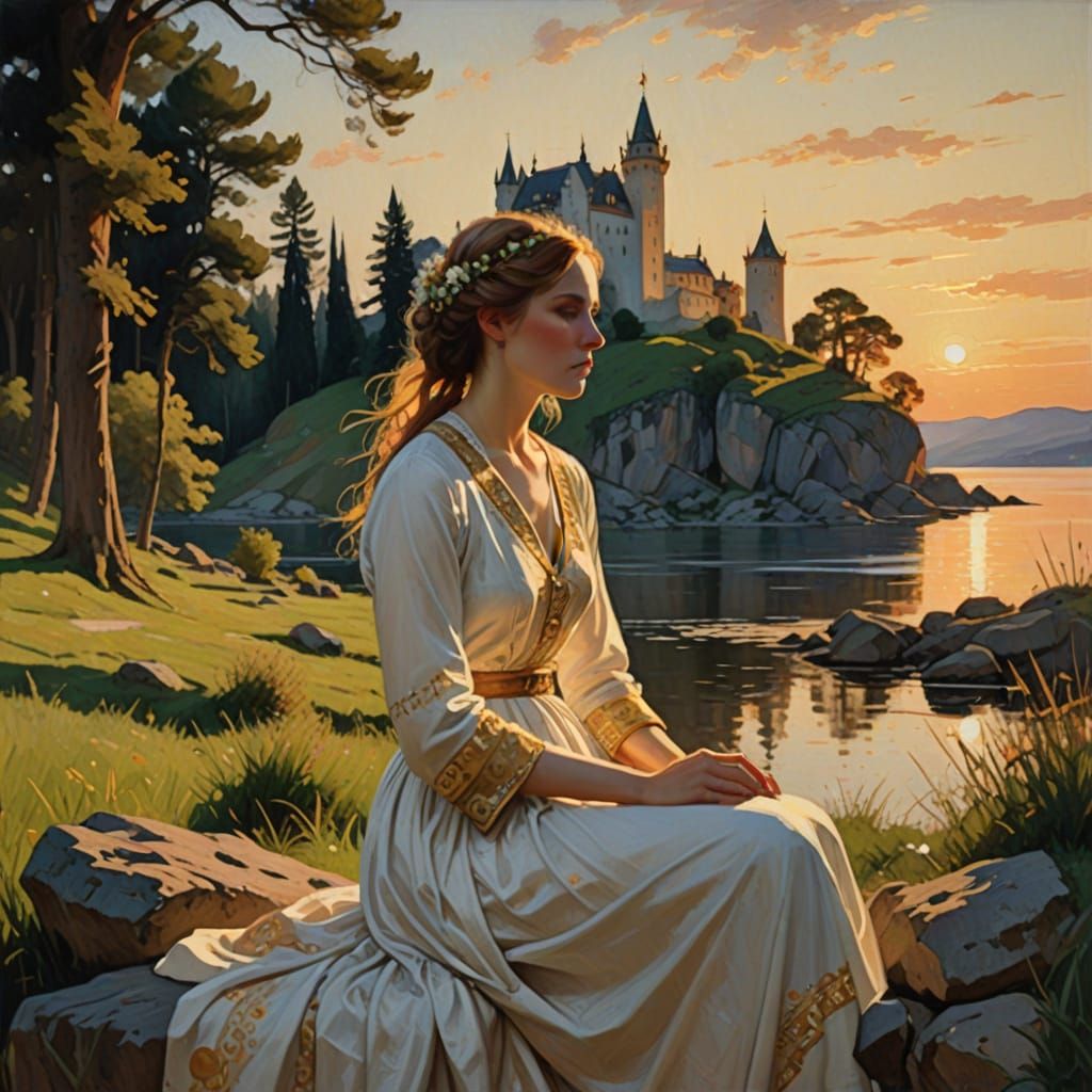 Ethereal Castle Scene in Sunset Hues with a Contemplative Wo...