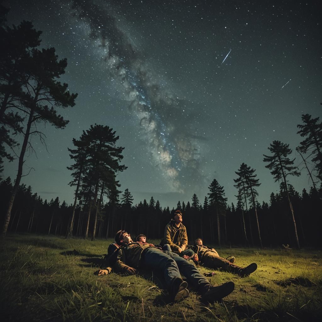 The guys are lying on the ground. Night, starry sky, forest, grass ...