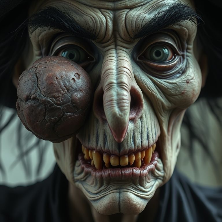 A close-up of a hideous, gaunt, Halloween-style witch's head