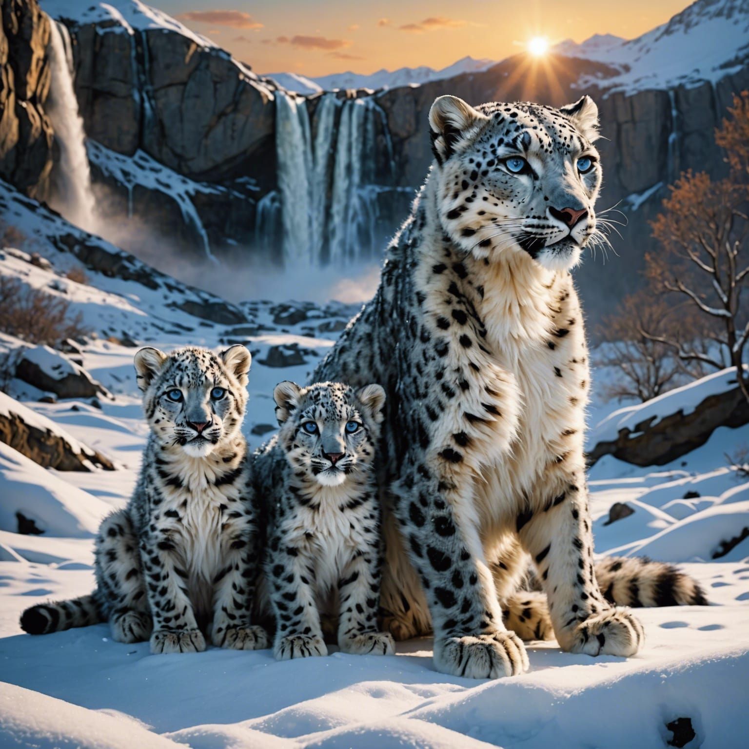 Snow leopard mama and her cubs