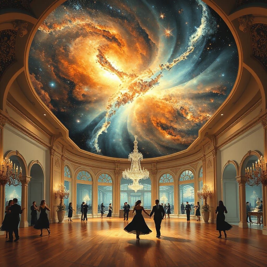 A grand, ethereal ballroom filled with elegant, silhouetted figures waltzing under a sky filled with ...  by @Cedric lacrambe