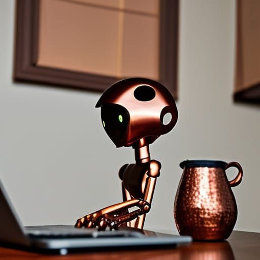 humanoid robot made of copper sitting on an armchair by an o...
