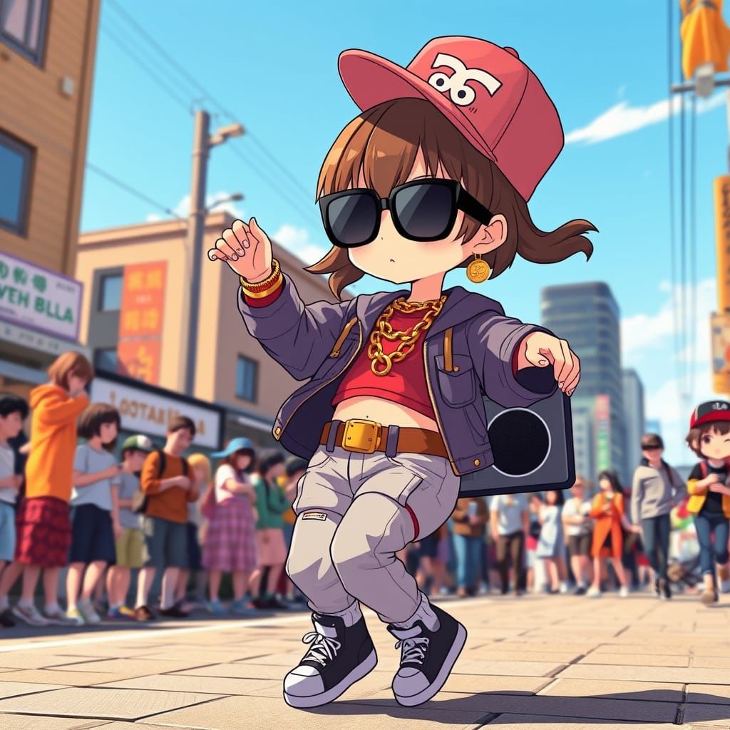 Chibi Anime Rapper Dances to Boom Box in Vibrant J... - AI Art