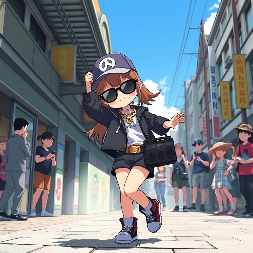 Vibrant Chibi Rapper Performs on Tokyo Streets - AI Art