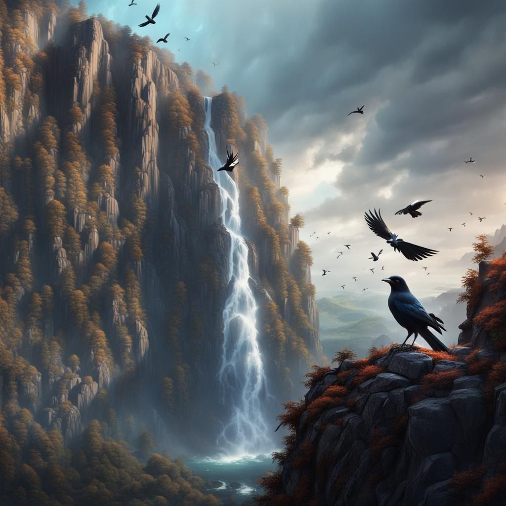 Black magpies soaring around a waterfall