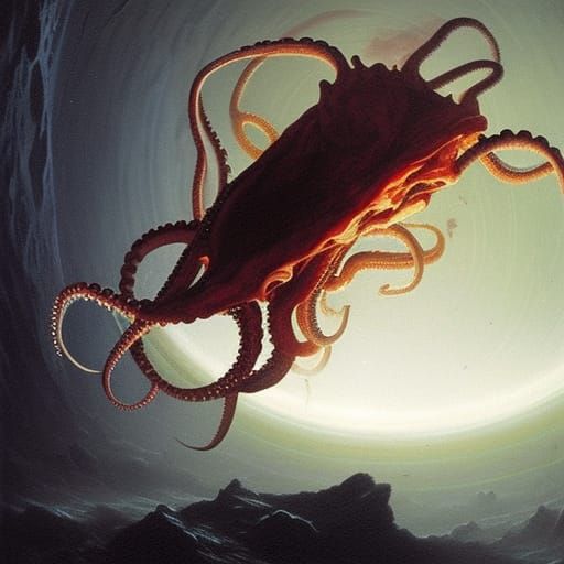 Octopus on Saturn mars  lit like a fire fly on acid hyper re...