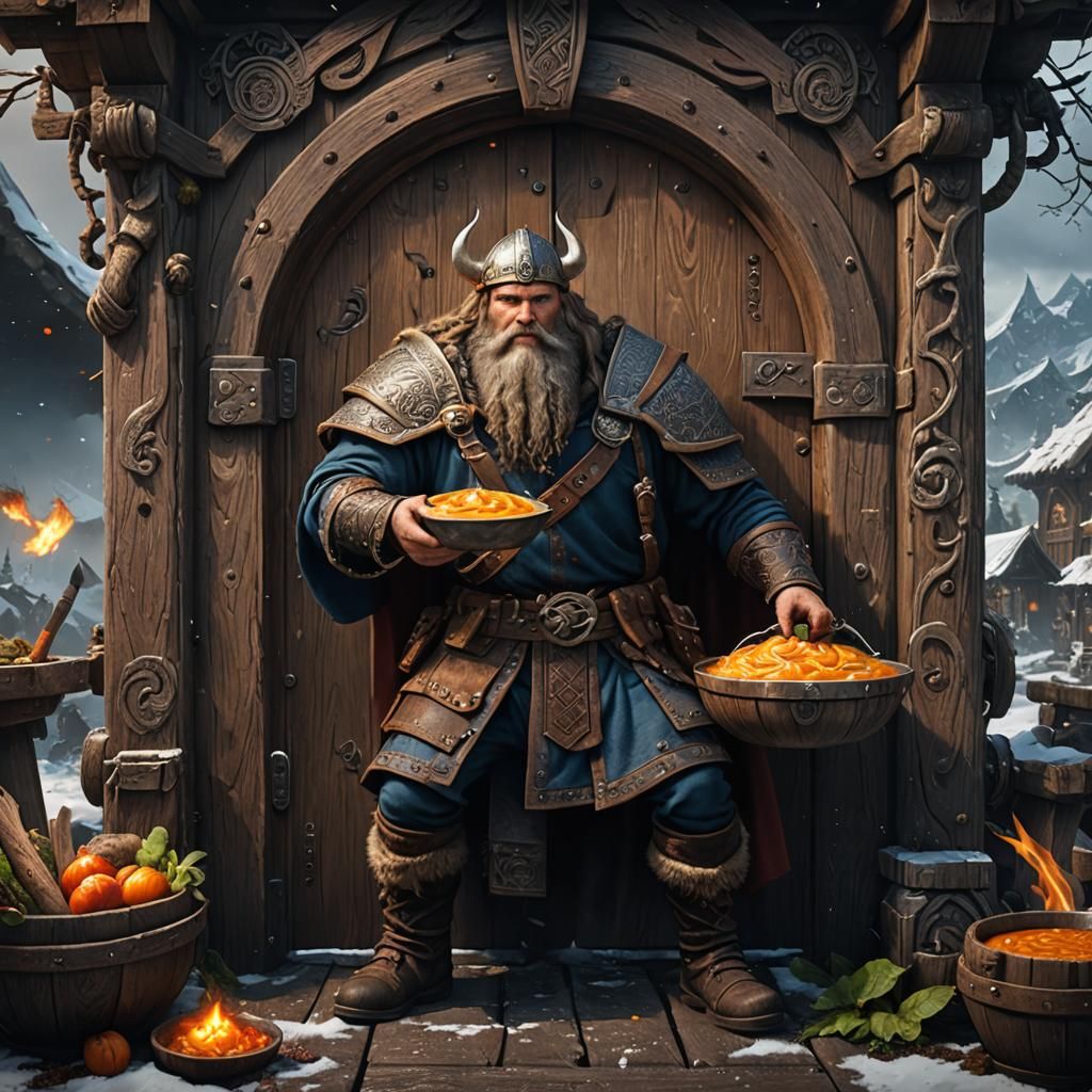 a viking god carpenter who makes doors and giant soups.