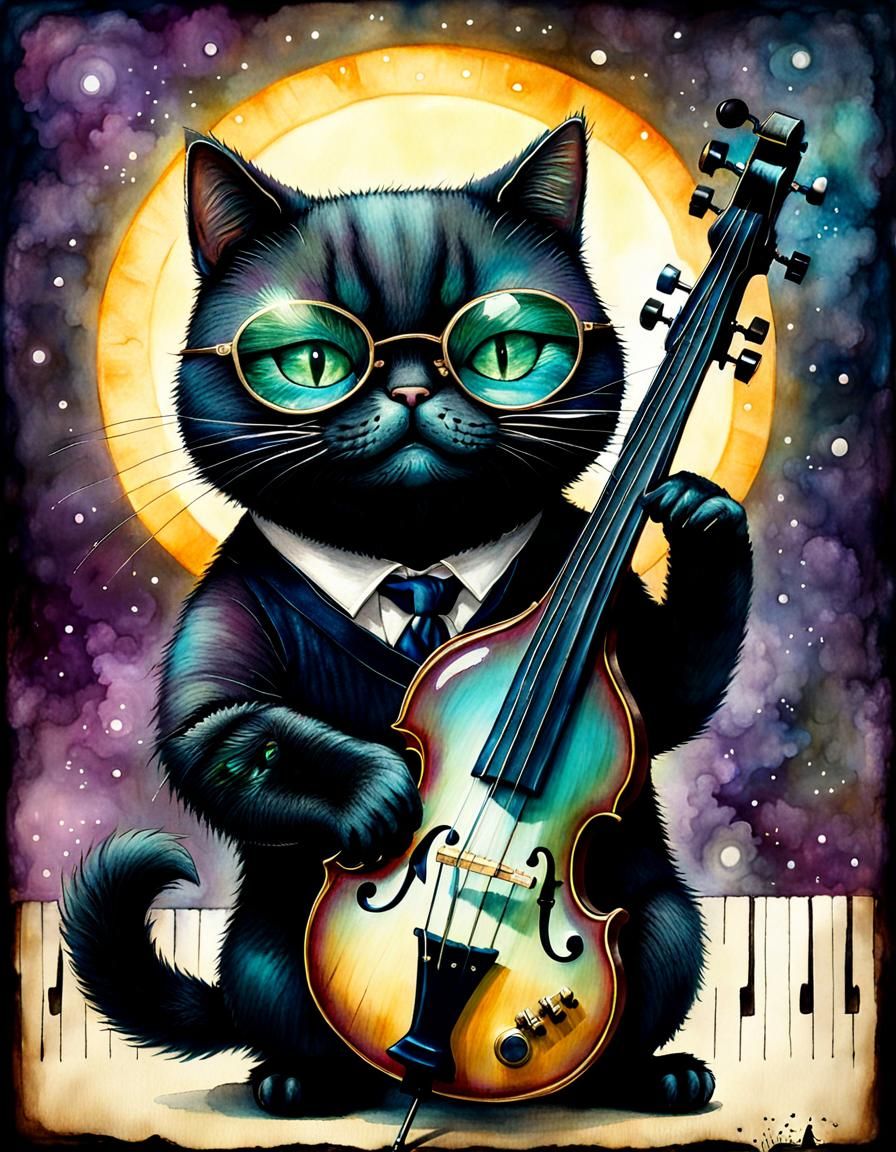 Fat black cat playing bass  by @Katie May