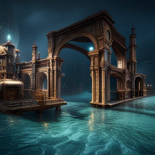 Underwater Steampunk City in Detailed Matte Painting Style