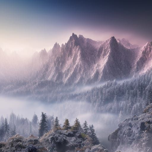 Beautiful misty mountain landscape after snowfall