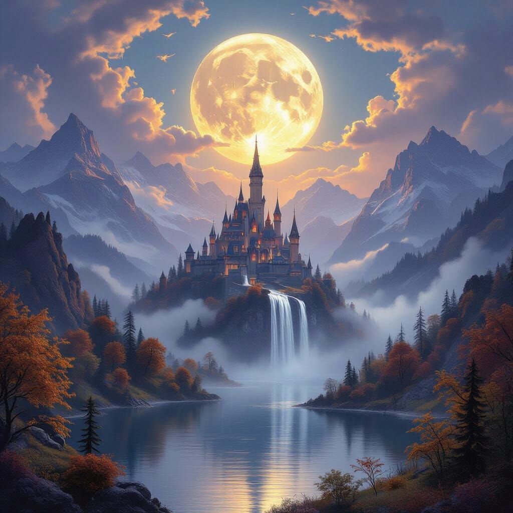 A fantasy landscape country autumn view with a tall spire castle in the distant mountains. The moon is high and large above the castle and t...