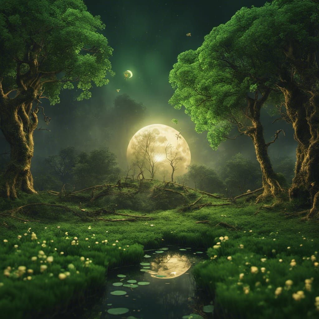 moonlight scene fee lepricorn irish shamrock clover gold gre...
