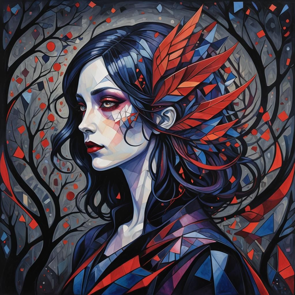 Cubist goth woman with geometry wings on her back, black on black, blue and purple and red highlights trees, Kids Crayon drawings ,surreal c...