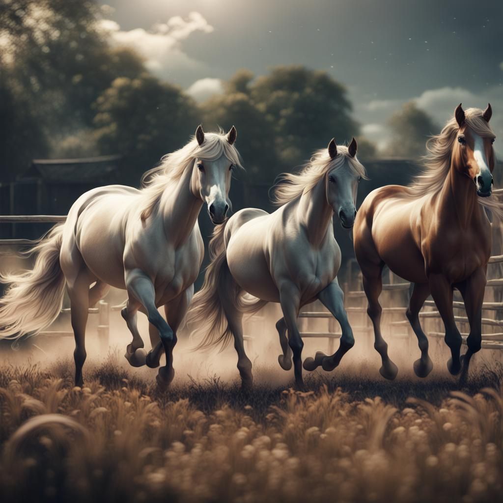 Horses in a farm paddock charging towards the viewer, oils duotone  by @inkdrop