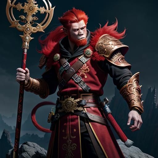 A robed red-haired monkey king brandishes a staff as he stan...