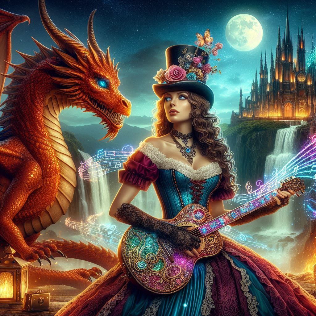 Steampunk Lady plays Guitar to her Dragon