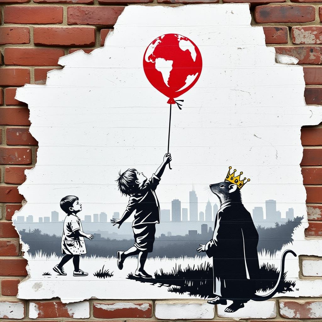 "A black-and-white stencil-style graffiti on a crumbling brick wall, depicting a young child releasing a red balloon sha...