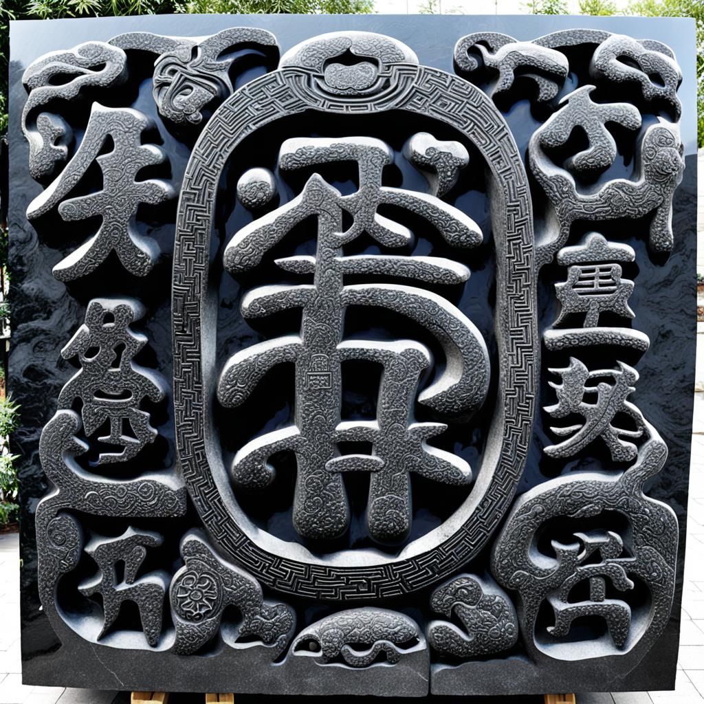 Ornate Black Stone Carving with Dragon Relief