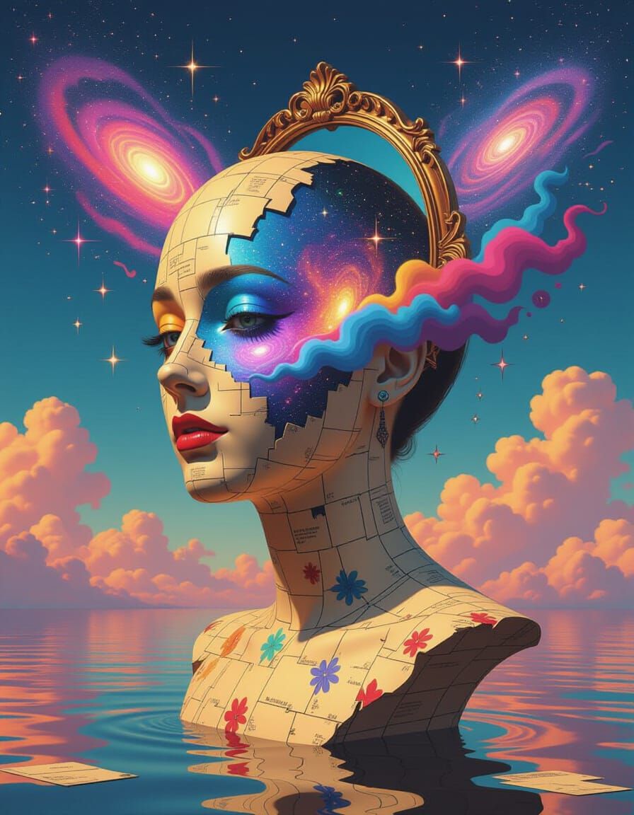Surreal Self-Portrait with Mirror Head and Galaxy Eyes