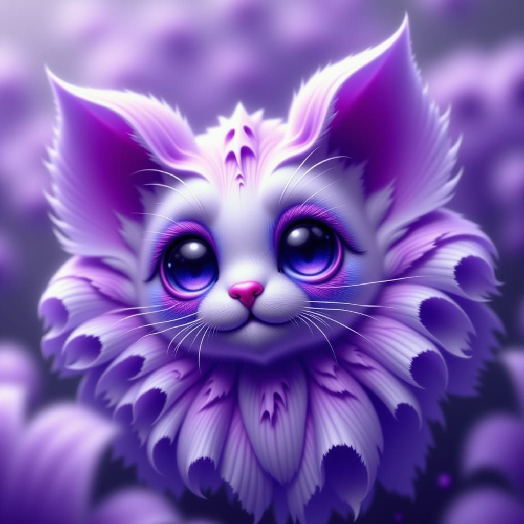 Macro view of lavender and white flowers with distinct purple spots resembling cat faces, intricate fantasy concept art style, splash art re...