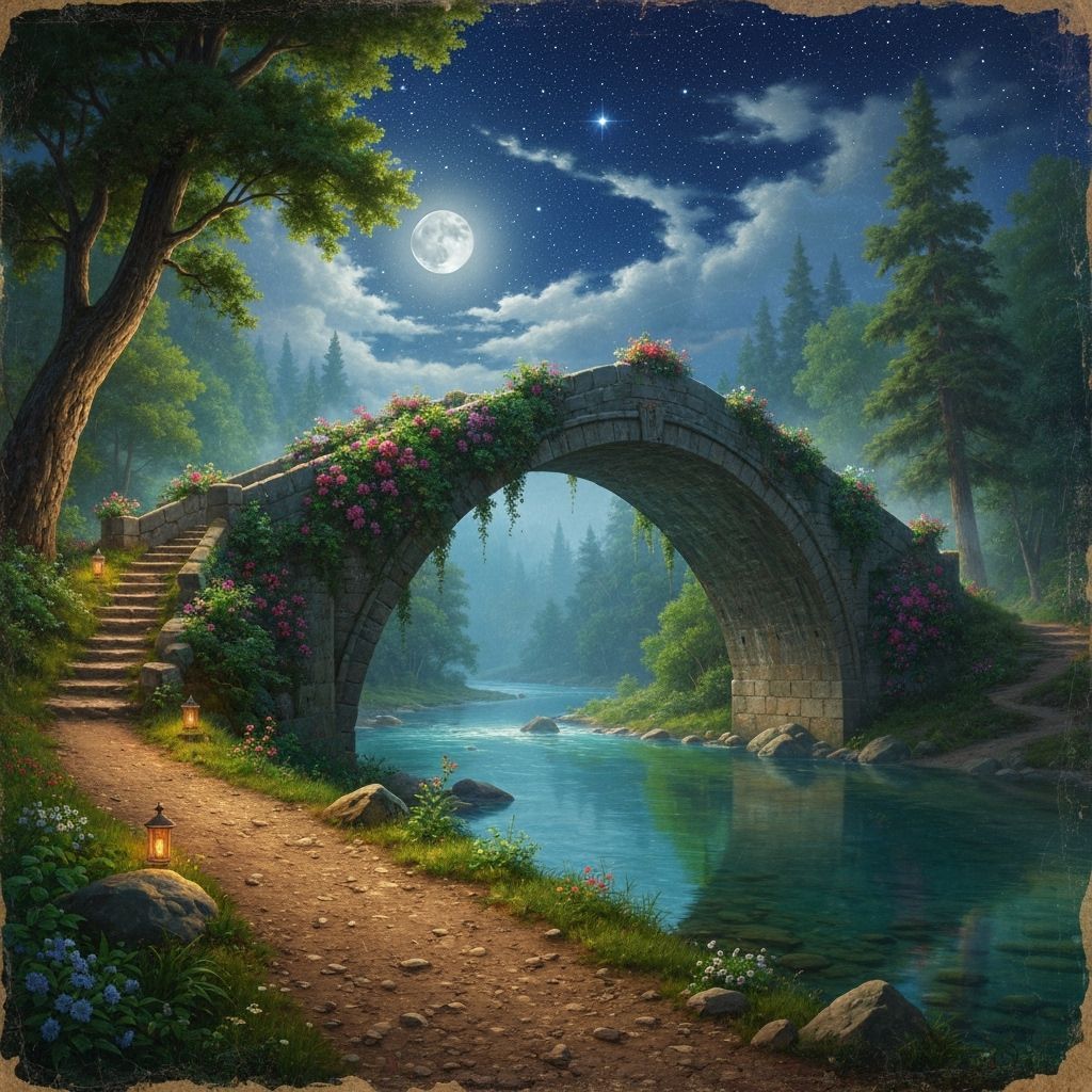 "A majestic, ancient stone bridge, gracefully arched and richly adorned with vibrant blooming flowers and lush green foliage, spans a crysta...