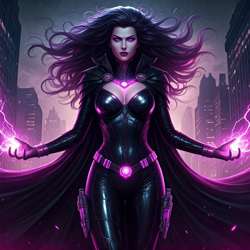 Neon Villainess Controls Purple Lightning in Cyberpunk City
