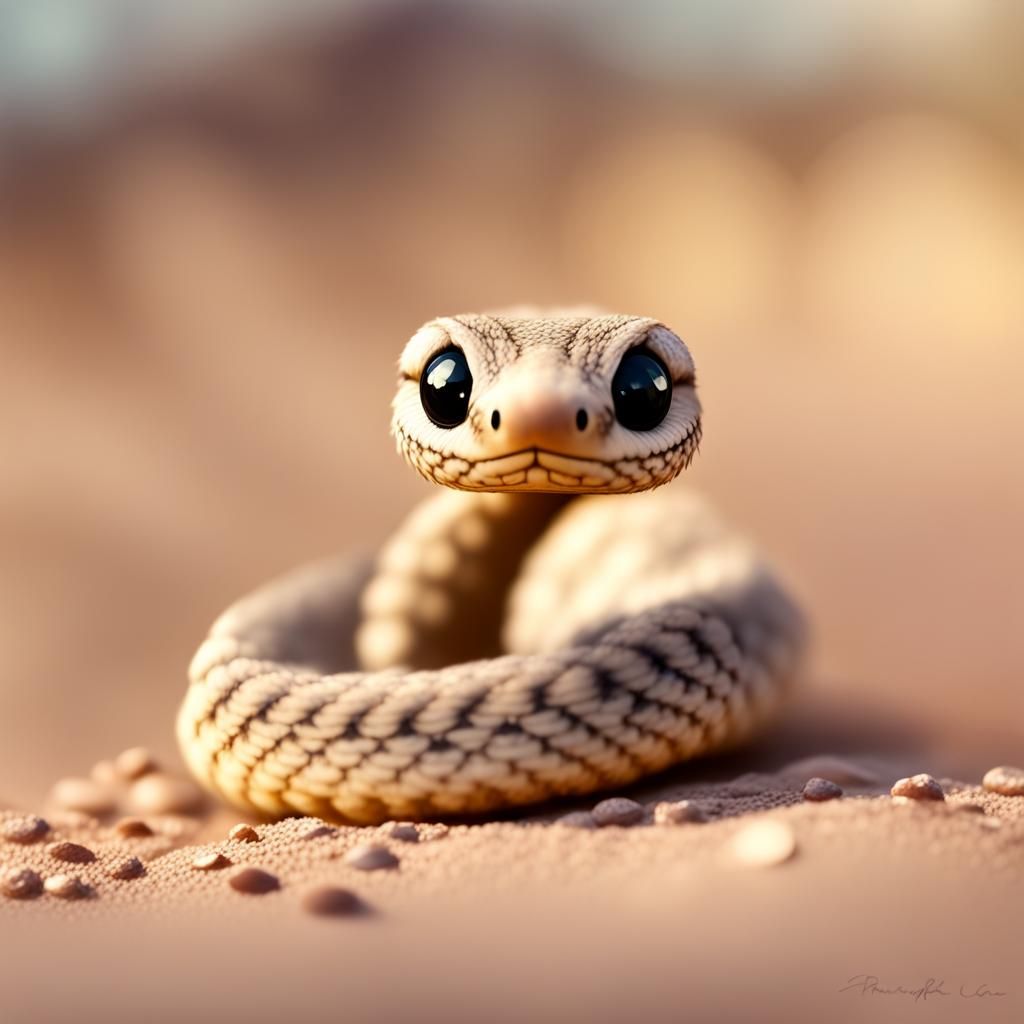 Baby rattle snake, cute, adorable, ethereal, golden, glow, beautiful, desert sand, moths, big