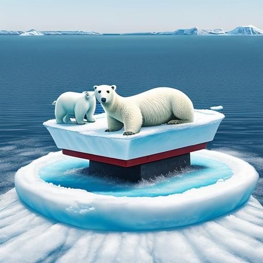 A polar bear in a wheelchair on a piece of floating island
