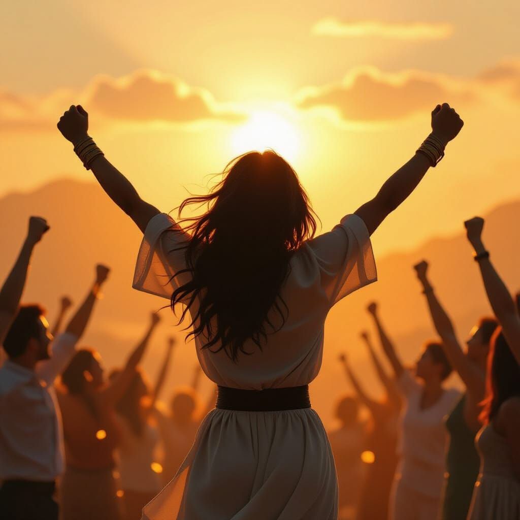 Triumphant Figure Celebrates Victory in Golden Hour Light