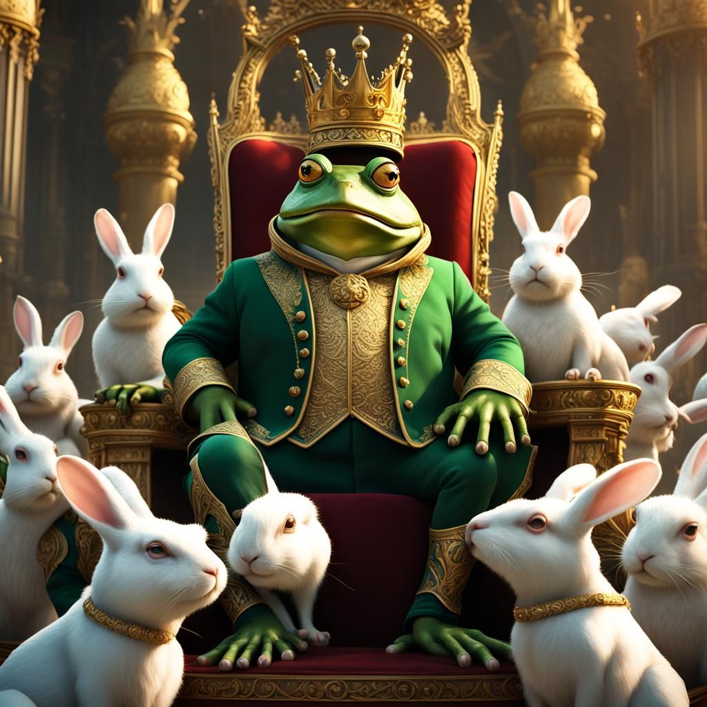 A big green frog dressed as a regal king in a king’s uniform...