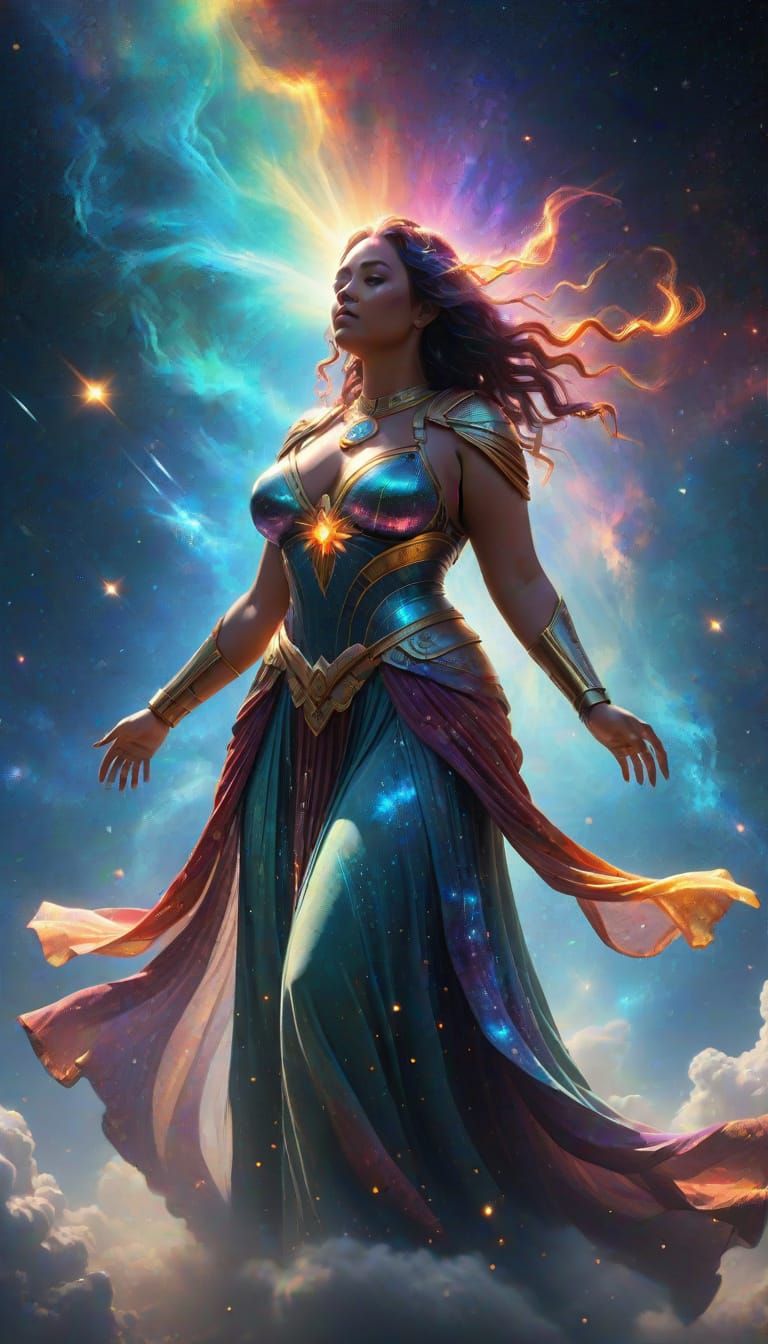 A beautiful plus-size bare-chested cosmic goddess whose skirts are made from nebula, and stars decorate her long flowing curly nebulous rain...