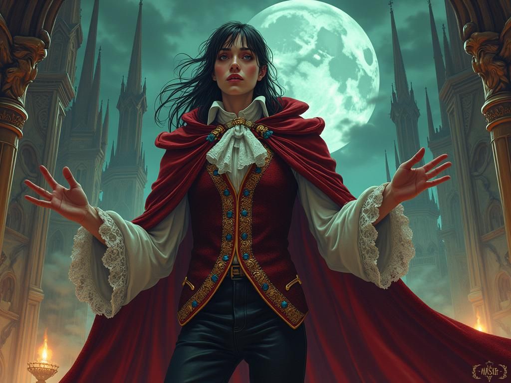 Regally attired noble, adorned with lavish, ornate Baroque Gothic-inspired attire, brocade fabrics, and intricate lace, set against a backdr...