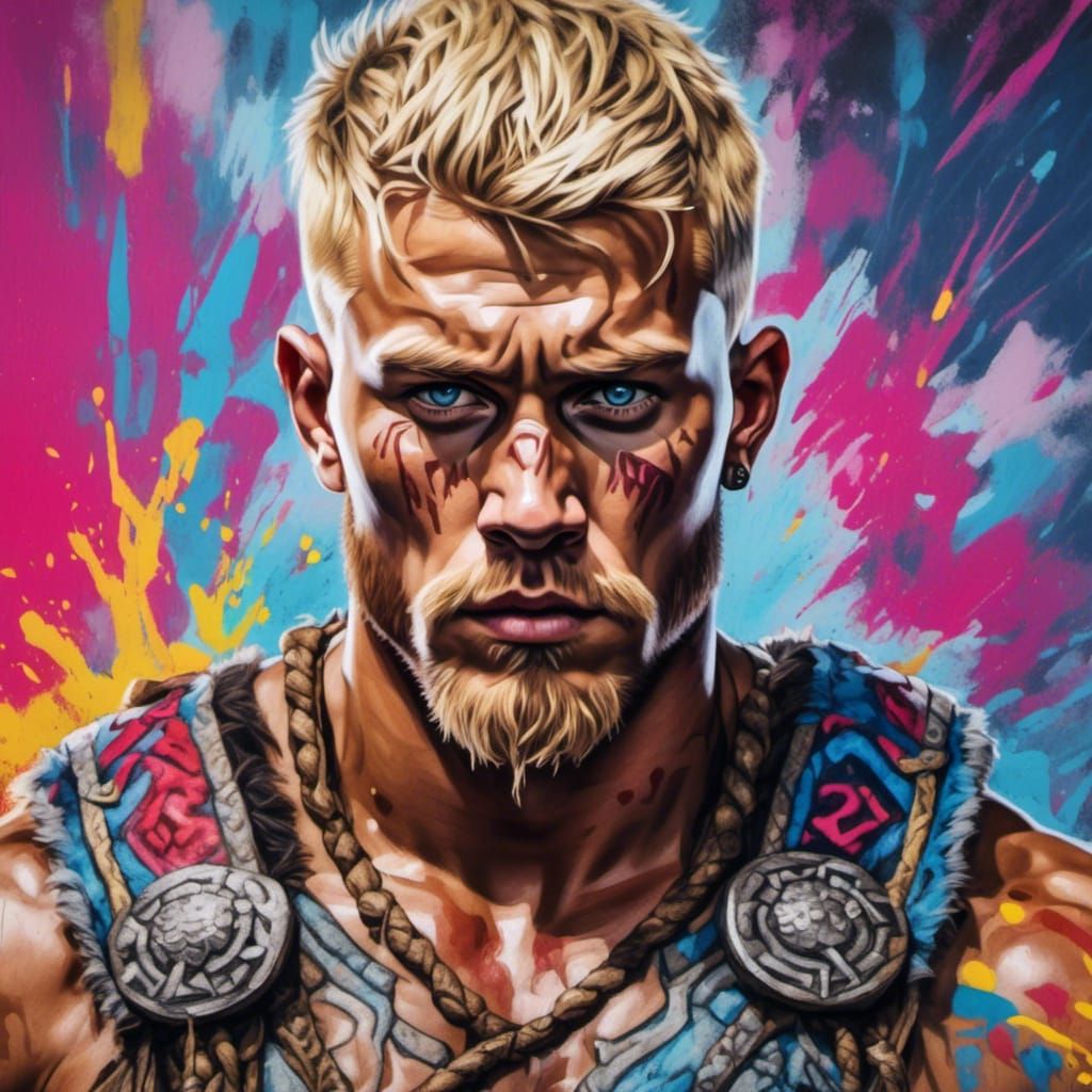 Hyperrealistic handsome short hair blonde 20 year old viking triabal warrior man muscles <lora:Neon Tattoo:1.0> 