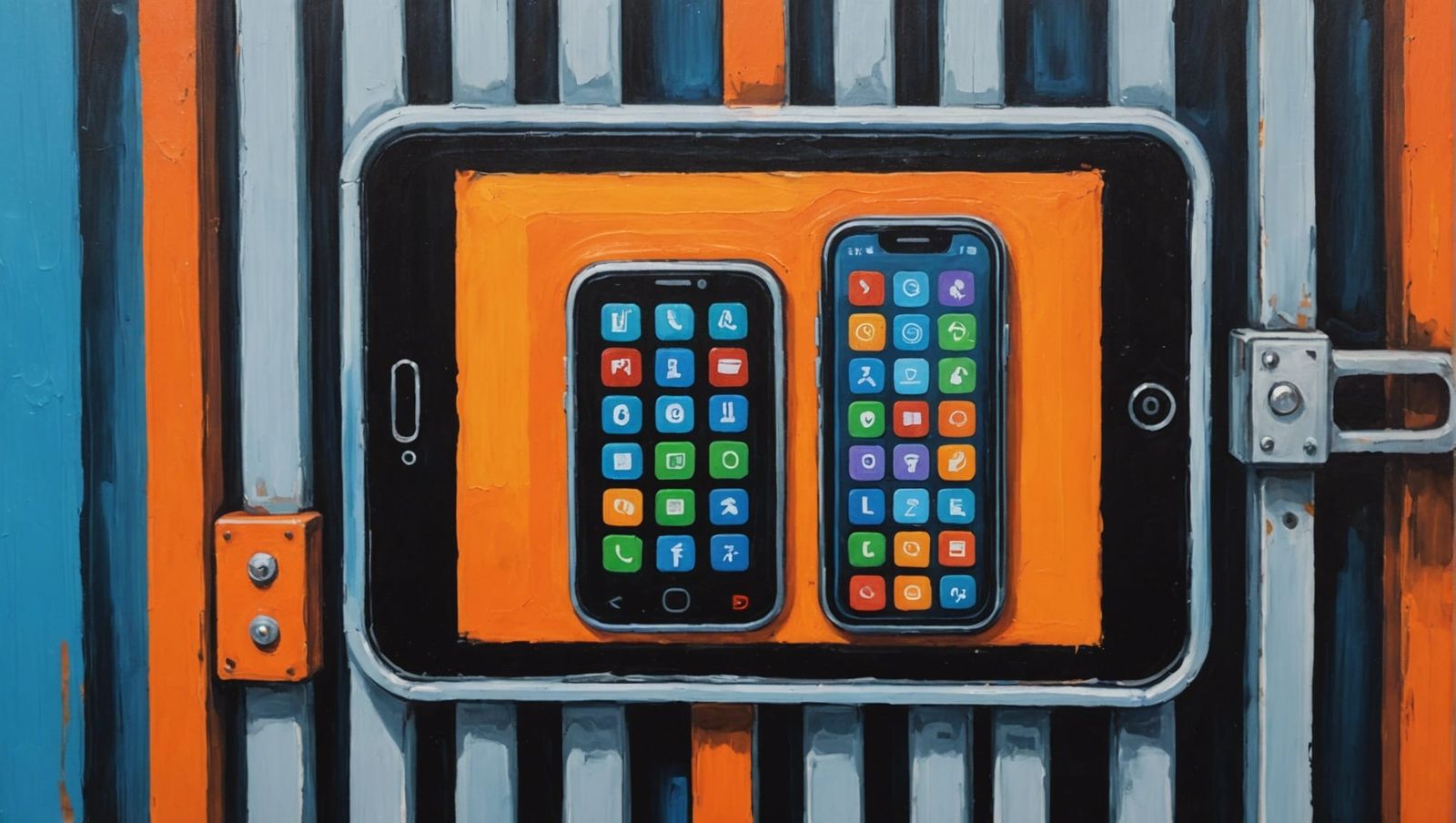 oil painting of a smart phone in jail, colorful, vivid, humo...
