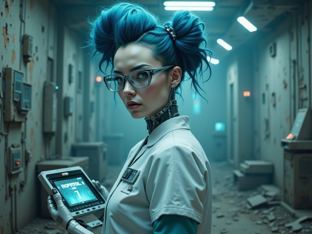 an android nurse standing in the remnants of a once-pristine medical facility, her gaze fixed forward. The android has striking silver eyes ...