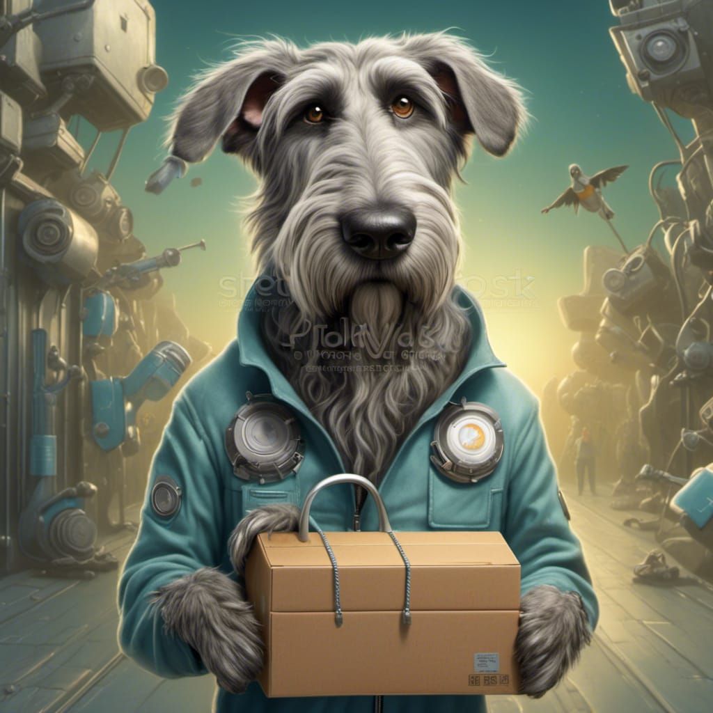 realistic fantasy dog in a futuristic setting dressed in a s...