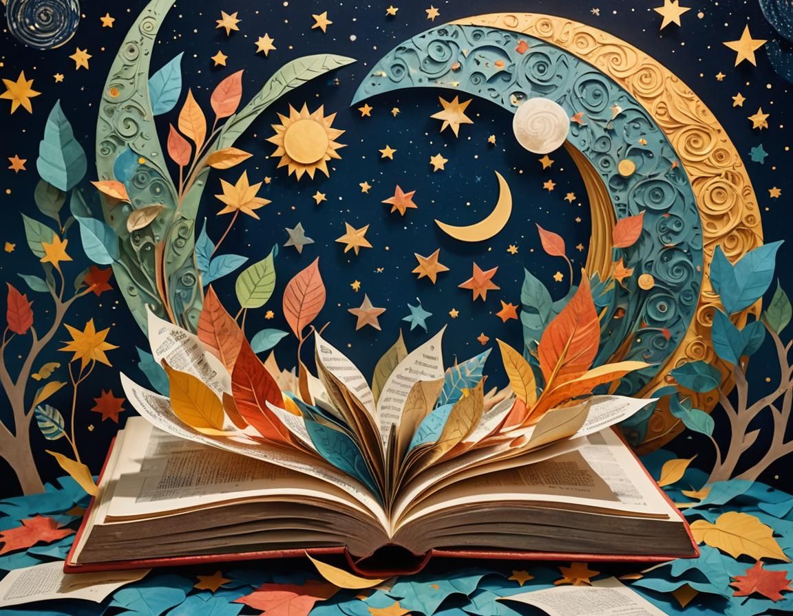 A triadic colorful collage of layered paper leaves in differ...