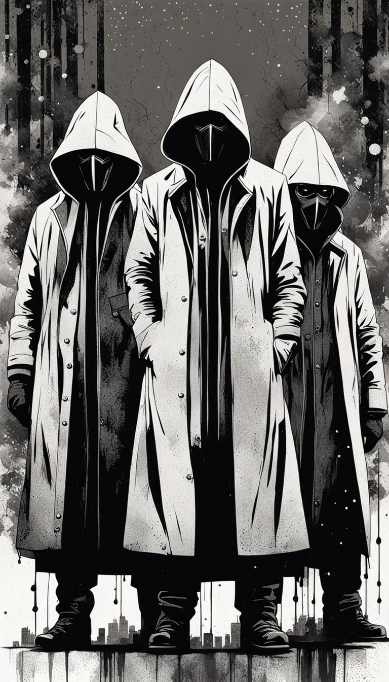 Three Ominous/Menacing Figures in Hooded Overcoats