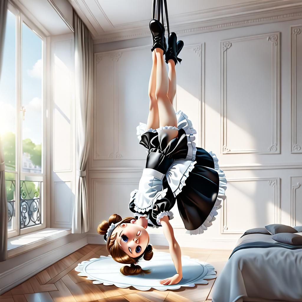 French maid chibi character cleaning the seiling upside down 2 - AI  Generated Artwork - NightCafe Creator