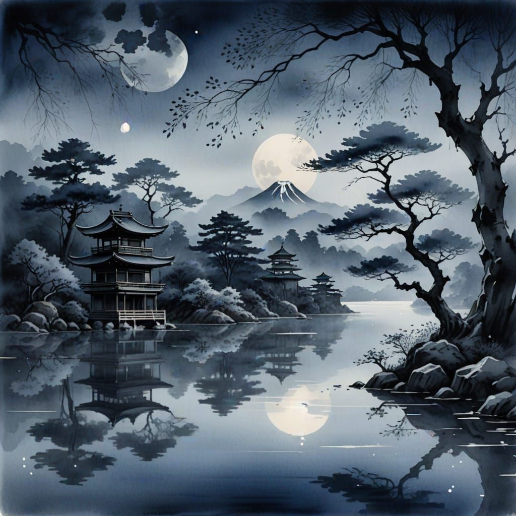 Ancient Japanese Temple Grove in Soft, Moonlit Watercolor