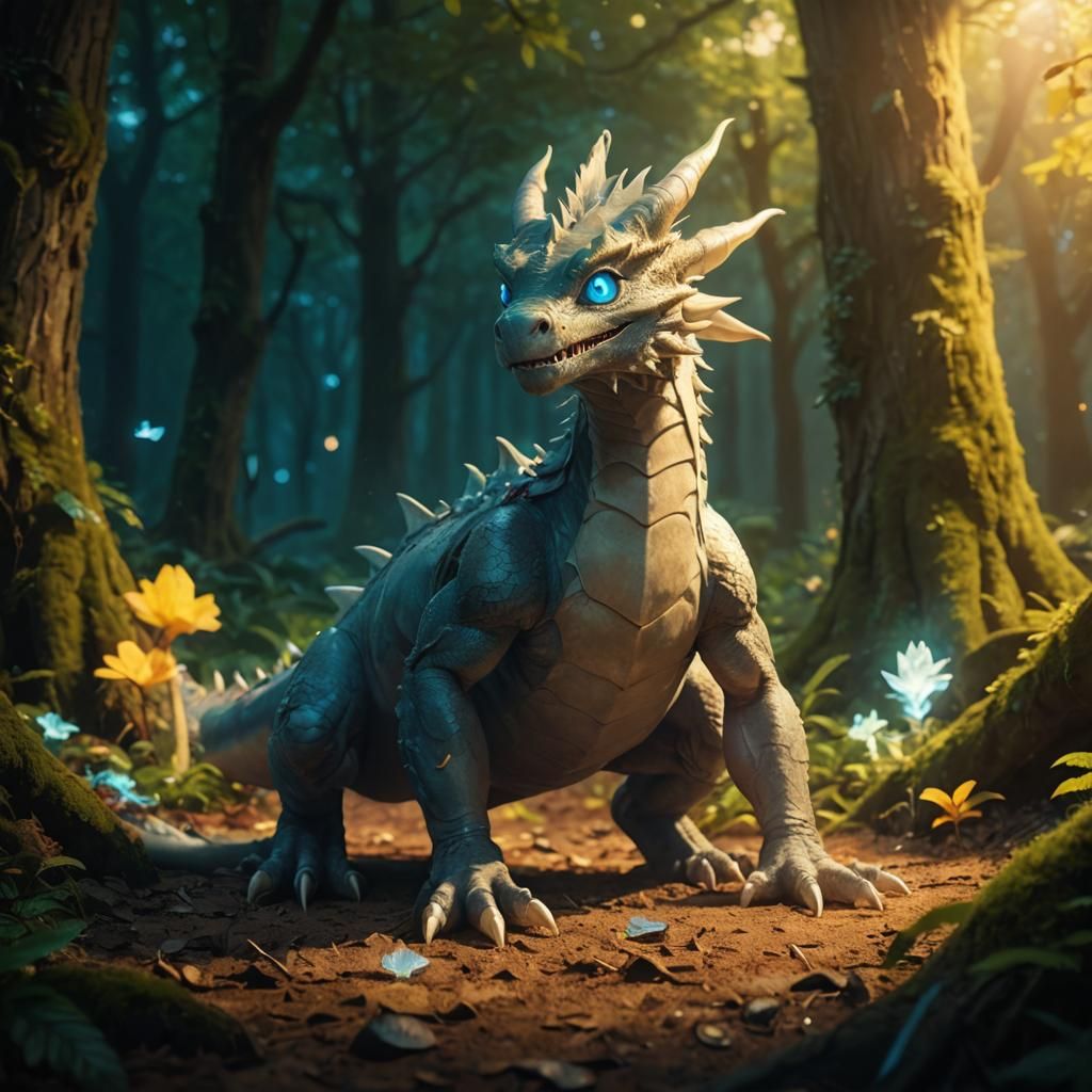 aron dragon, in a forest floor, with blue glowing eyes; 4k h...