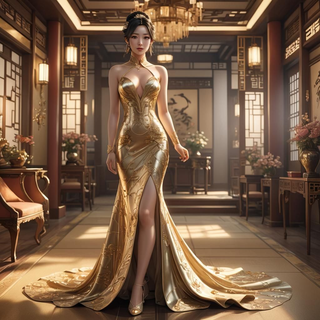 Anime-Style Chinese Woman in Sensual Gown