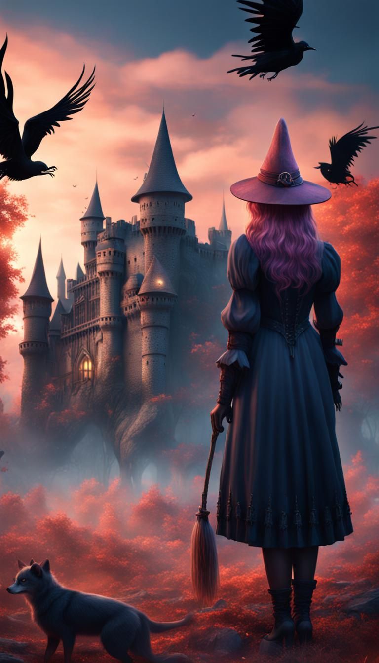 a beautiful black witch investigating a spooky gothic castle
